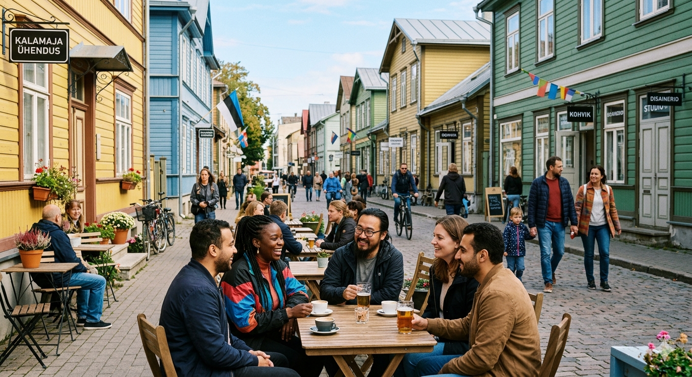 Pilt on illustreeriv - Kalamaja tänav, mille keskel istuvad laudade taga ja kõnnivad inimesed, eri rahvustest